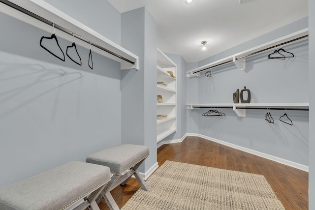 walk in closet with wood-type flooring