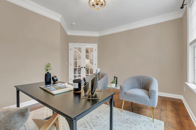 office with french doors, ornamental molding, and hardwood / wood-style flooring