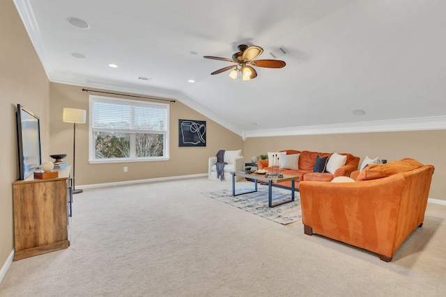 carpeted living room with ceiling fan, lofted ceiling, and crown molding