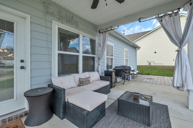 view of patio with an outdoor hangout area, ceiling fan, and a grill