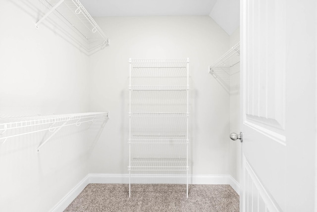 spacious closet with carpet flooring and lofted ceiling