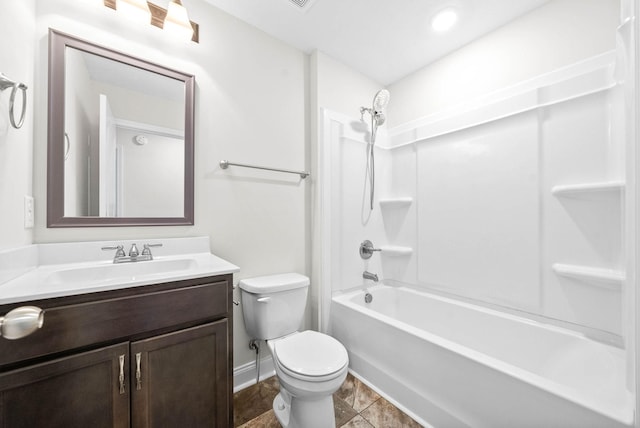 full bathroom featuring shower / tub combination, vanity, and toilet