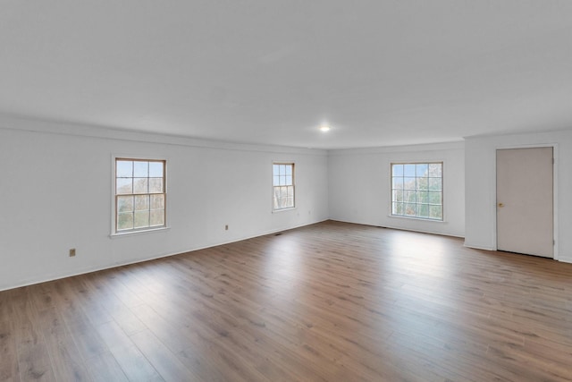 empty room with light hardwood / wood-style flooring, a healthy amount of sunlight, and ornamental molding