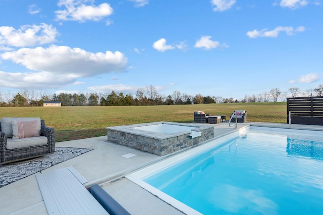 view of pool with a lawn, a patio, and a hot tub