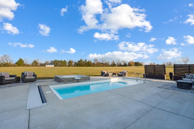 view of swimming pool with a lawn and a patio area