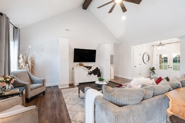 living room featuring french doors, dark hardwood / wood-style flooring, ceiling fan, high vaulted ceiling, and beamed ceiling