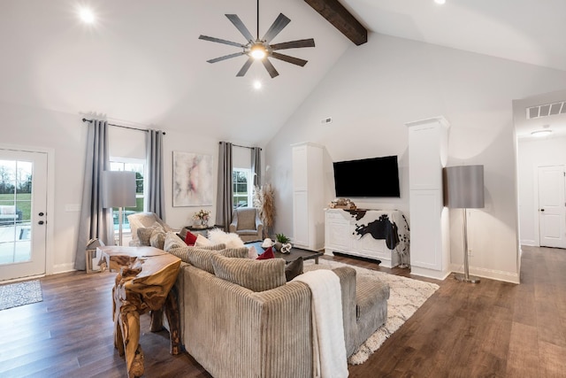 living room featuring ceiling fan, beamed ceiling, dark hardwood / wood-style floors, and high vaulted ceiling