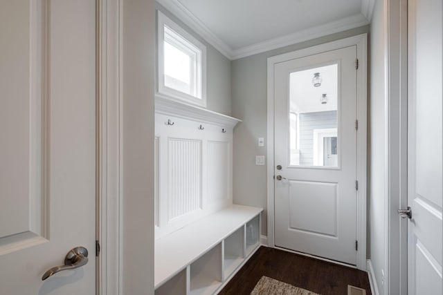 mudroom with dark hardwood / wood-style flooring and ornamental molding