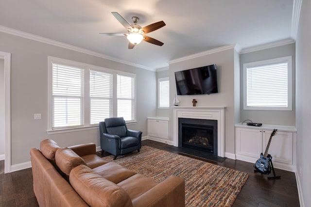 living room featuring dark hardwood / wood-style floors, ceiling fan, and crown molding