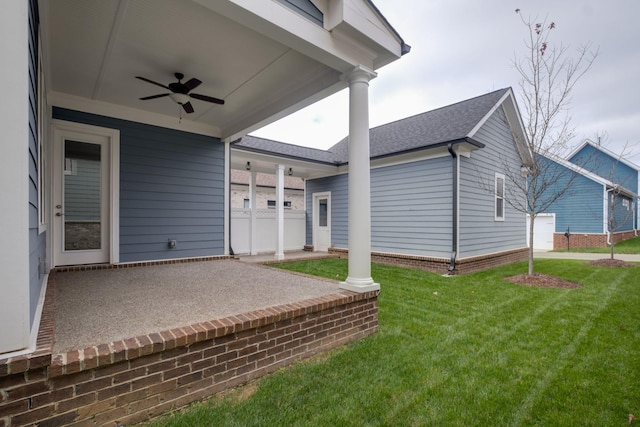 exterior space featuring ceiling fan