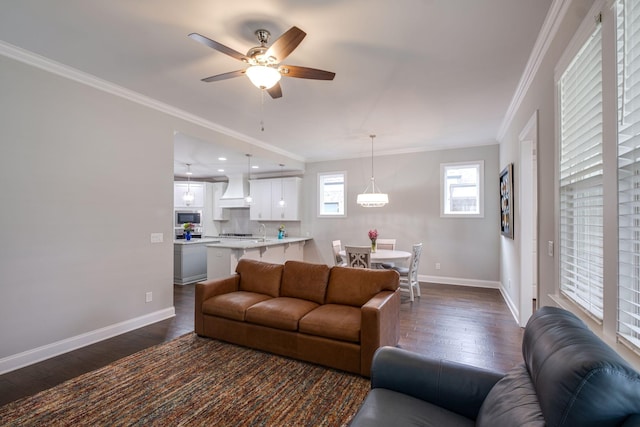 living room with dark hardwood / wood-style floors, ceiling fan, ornamental molding, and sink