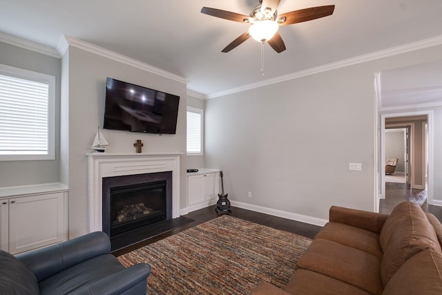 living room featuring dark hardwood / wood-style floors, ceiling fan, and ornamental molding