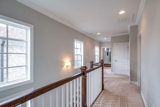 hall featuring light colored carpet, a healthy amount of sunlight, and ornamental molding