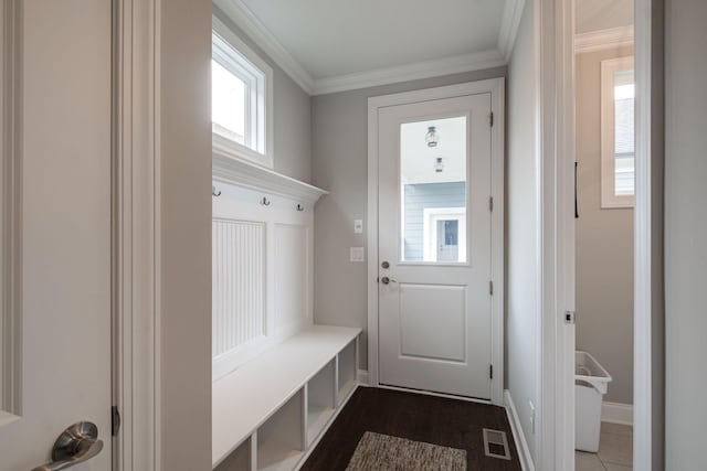 mudroom featuring crown molding and dark hardwood / wood-style floors