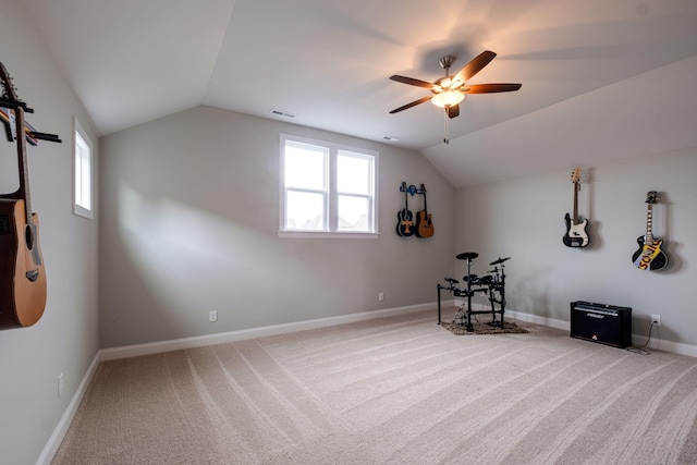 bonus room with carpet flooring, ceiling fan, and vaulted ceiling