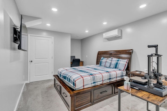 carpeted bedroom with an AC wall unit