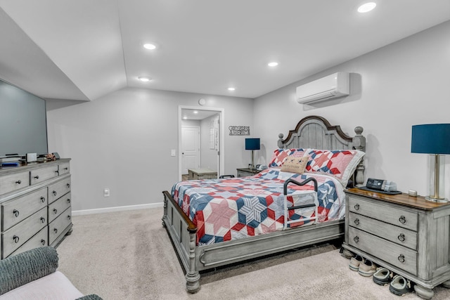 carpeted bedroom with a wall mounted air conditioner and vaulted ceiling