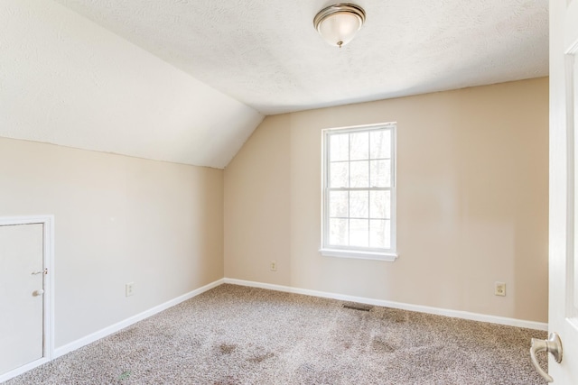 additional living space with carpet flooring, a textured ceiling, and lofted ceiling