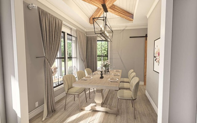 dining room featuring an inviting chandelier, a barn door, beamed ceiling, wood ceiling, and light wood-type flooring