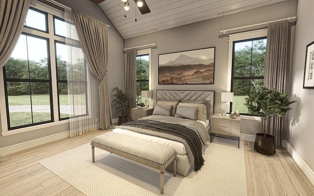 bedroom with ceiling fan, light wood-type flooring, wood ceiling, and lofted ceiling