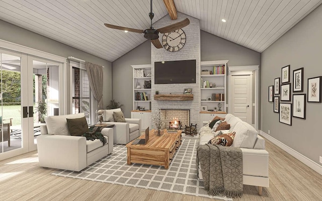 living room with ceiling fan, french doors, high vaulted ceiling, and light wood-type flooring