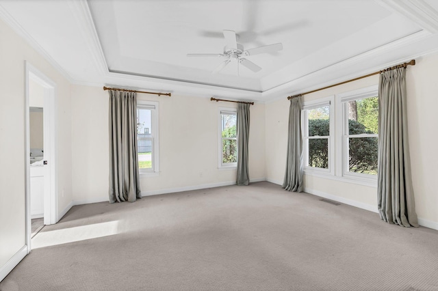 unfurnished room featuring light carpet, ceiling fan, a tray ceiling, and plenty of natural light