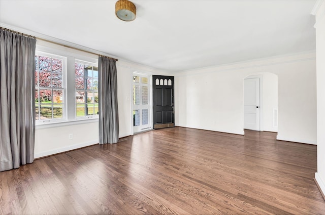 interior space featuring ornamental molding and dark hardwood / wood-style flooring