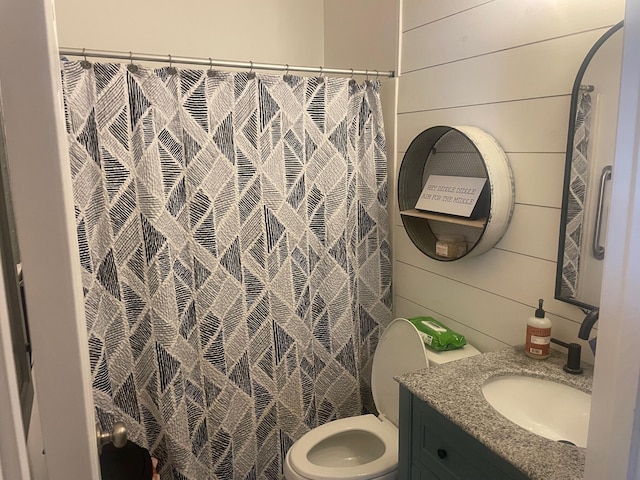 bathroom with wooden walls, vanity, and toilet