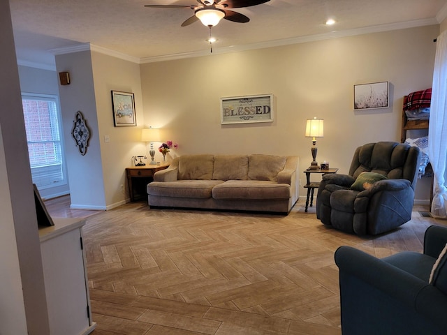 living room with ceiling fan, crown molding, and light parquet floors