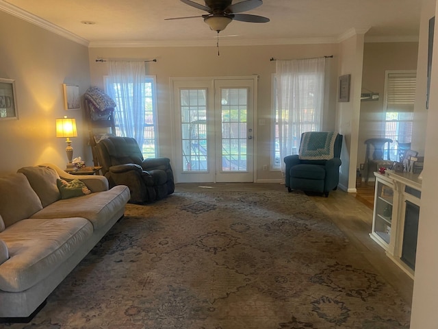 living room with hardwood / wood-style floors, ceiling fan, and ornamental molding