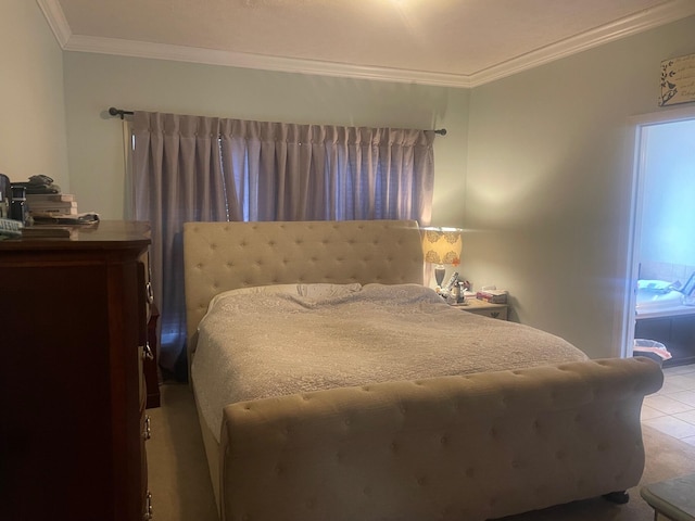 bedroom featuring crown molding and light tile patterned floors