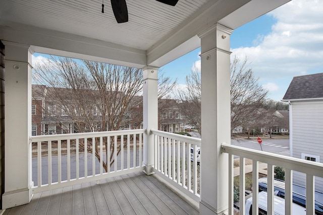 snow covered deck featuring ceiling fan