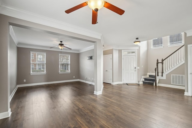 unfurnished living room featuring ceiling fan, dark hardwood / wood-style floors, and ornamental molding