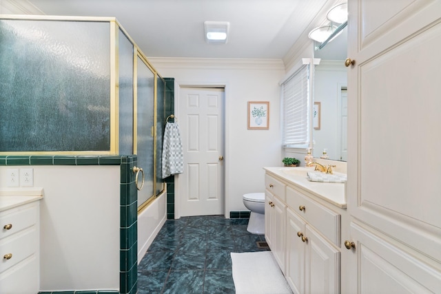 full bathroom with vanity, toilet, ornamental molding, and bath / shower combo with glass door