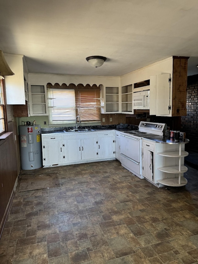 kitchen with tasteful backsplash, white appliances, electric water heater, sink, and white cabinetry