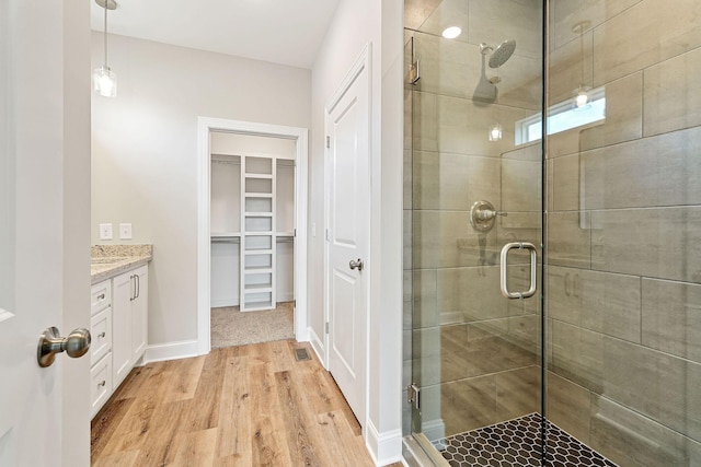 bathroom featuring wood-type flooring, vanity, and a shower with door