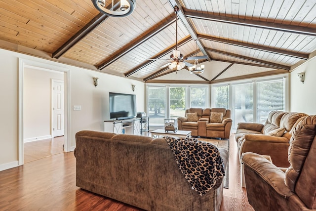 living room with hardwood / wood-style floors, vaulted ceiling with beams, wooden ceiling, and a chandelier