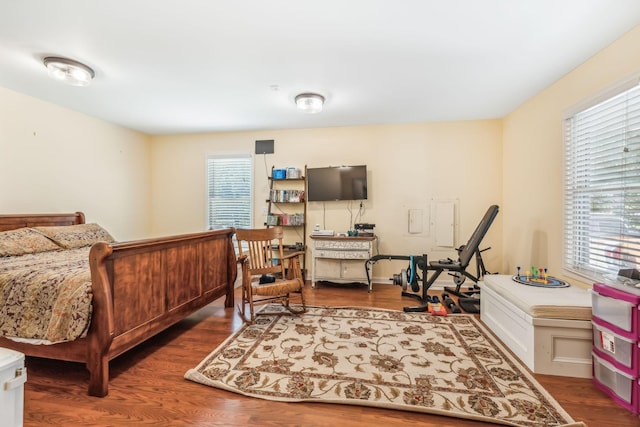 bedroom with multiple windows and dark hardwood / wood-style flooring