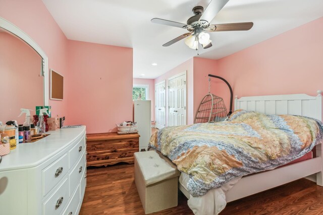 bedroom with ceiling fan, a closet, and dark wood-type flooring