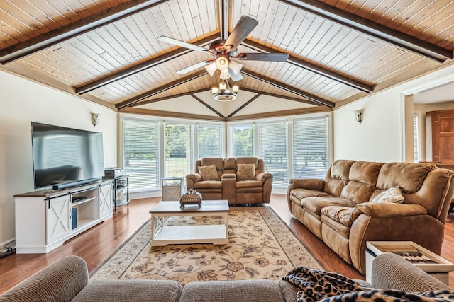 living room with hardwood / wood-style flooring, lofted ceiling with beams, ceiling fan, and wooden ceiling