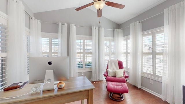 office space with hardwood / wood-style flooring, vaulted ceiling, and ceiling fan