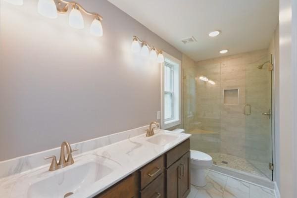 bathroom with vanity, toilet, and a shower with shower door