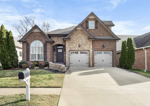 view of front of house with a front yard and a garage