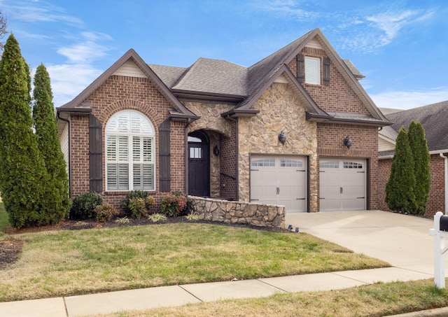 view of front of home featuring a garage and a front lawn