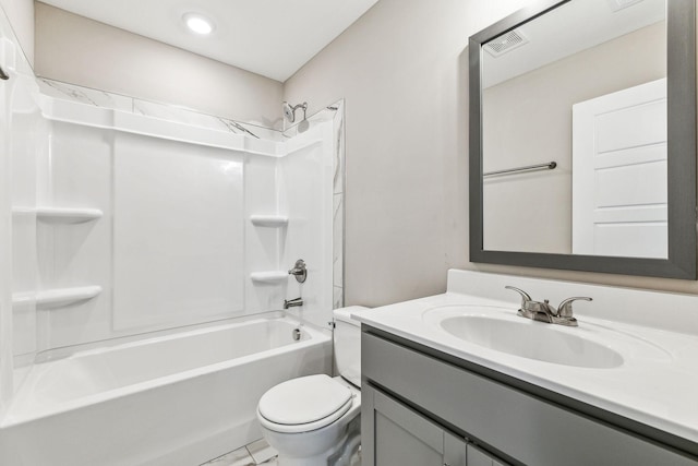 full bathroom with vanity, shower / bathing tub combination, toilet, and visible vents