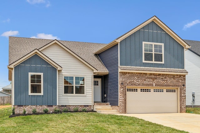 view of front of property with a shingled roof, board and batten siding, driveway, and crawl space