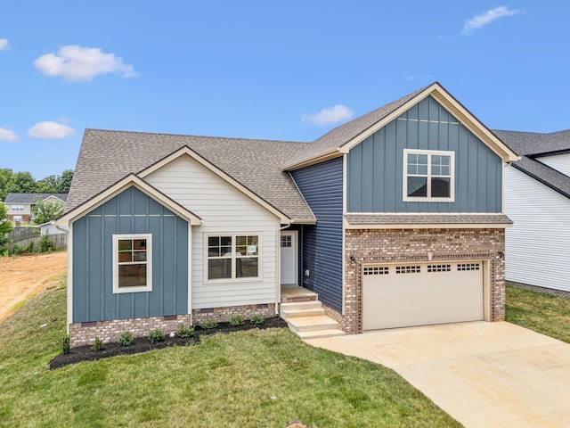 view of front of house with a shingled roof, a garage, board and batten siding, and crawl space