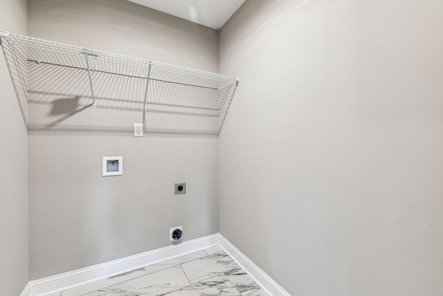 laundry area with hookup for a washing machine, baseboards, laundry area, electric dryer hookup, and marble finish floor