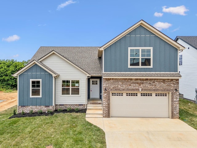 view of front facade with a shingled roof, concrete driveway, a garage, crawl space, and board and batten siding