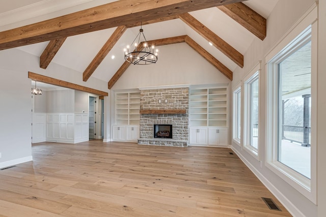 unfurnished living room featuring beamed ceiling, light hardwood / wood-style floors, high vaulted ceiling, and a fireplace